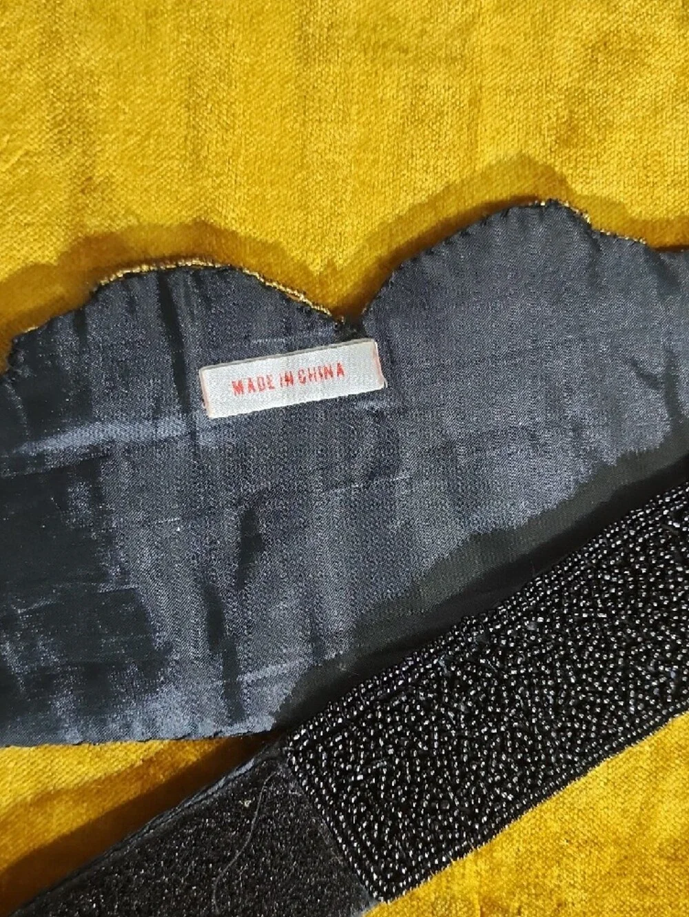 Vintage Black Beaded Belt with Gold & Blue Leaf Motif